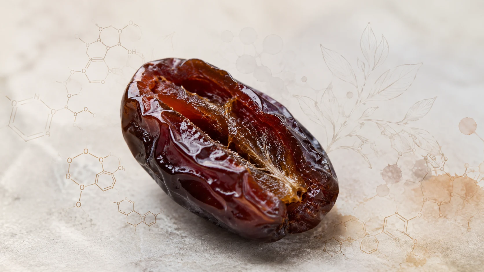 کھجور کا close-up اور ہلکی سائنسی phytochemical illustration