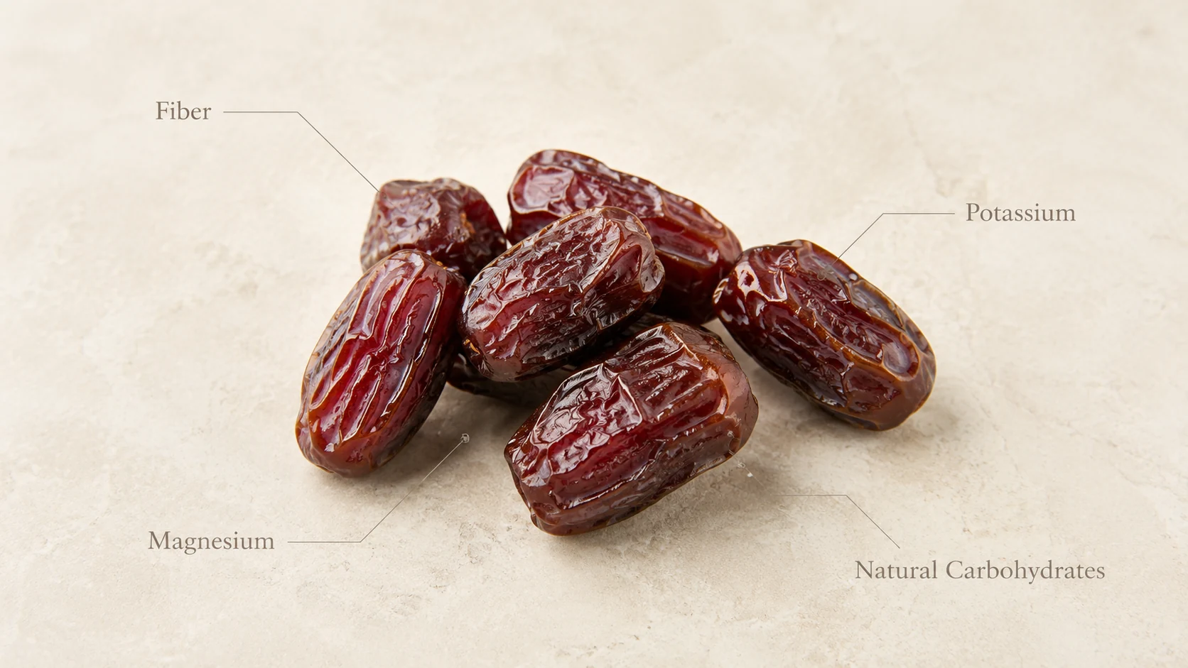 Dates illustrated with fiber, potassium, magnesium and natural carbohydrate labels
