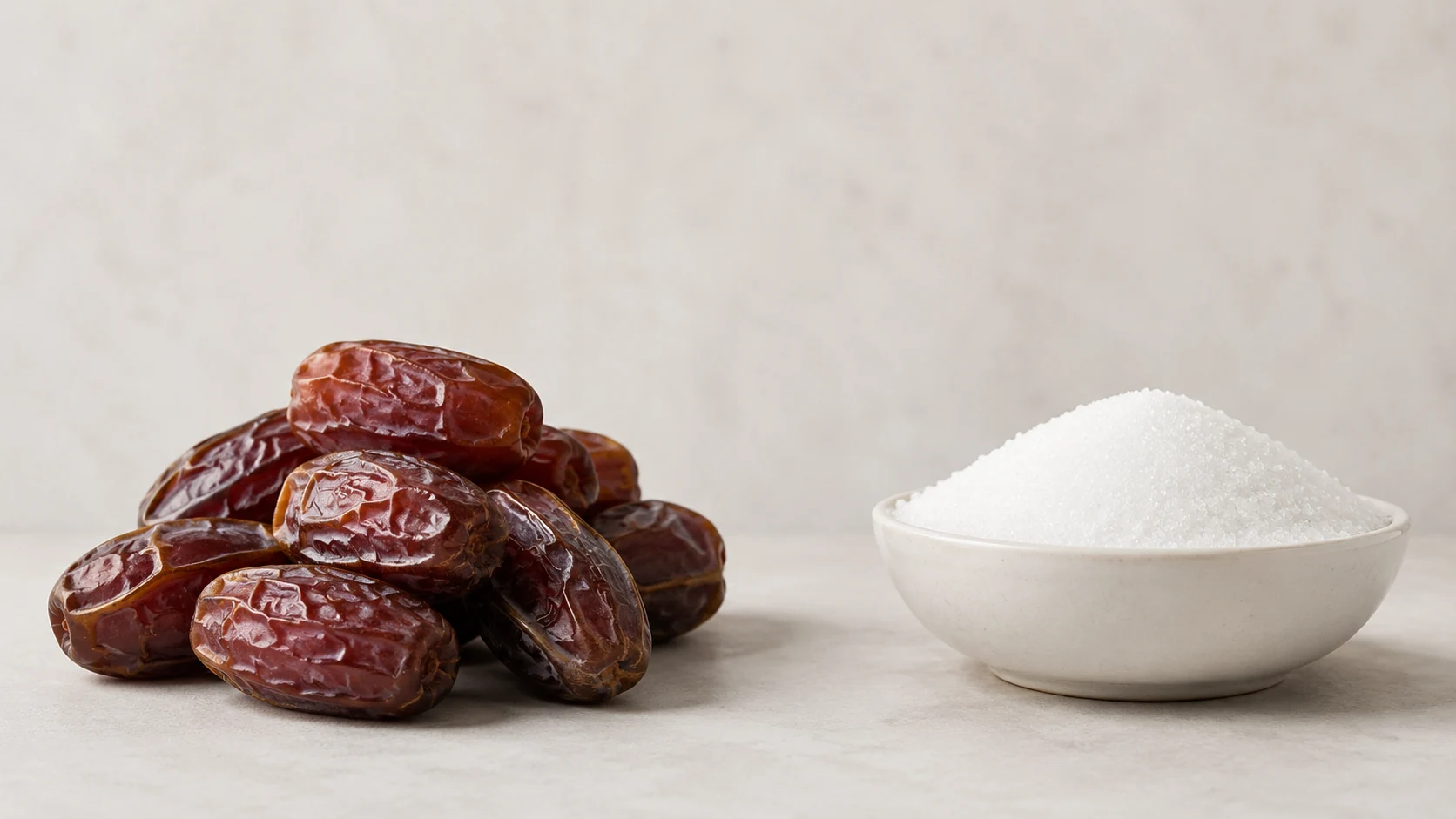 مکمل کھجوریں اور سفید refined sugar کا پیالہ