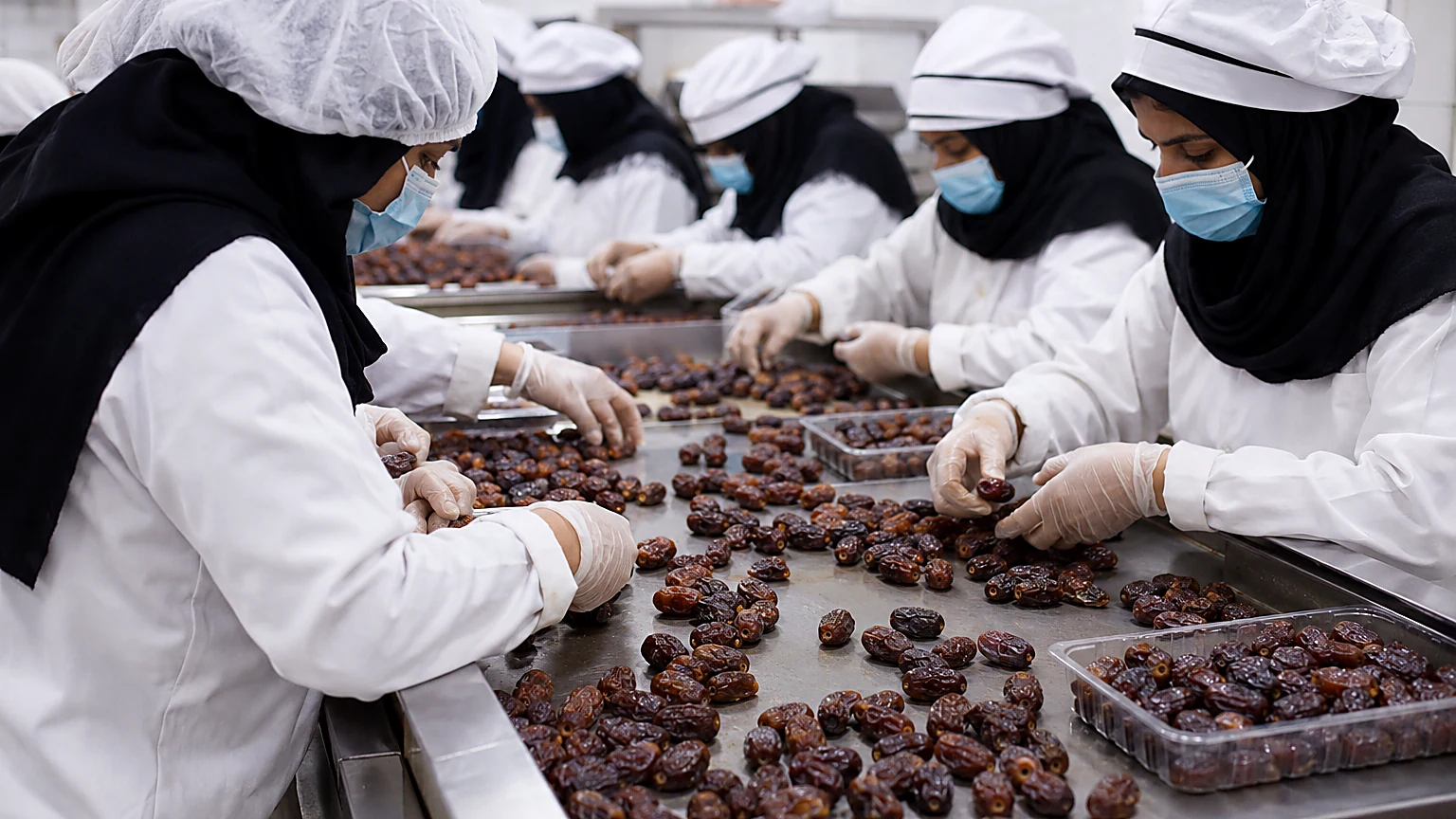 Dates being visually sorted by hand in a packing environment